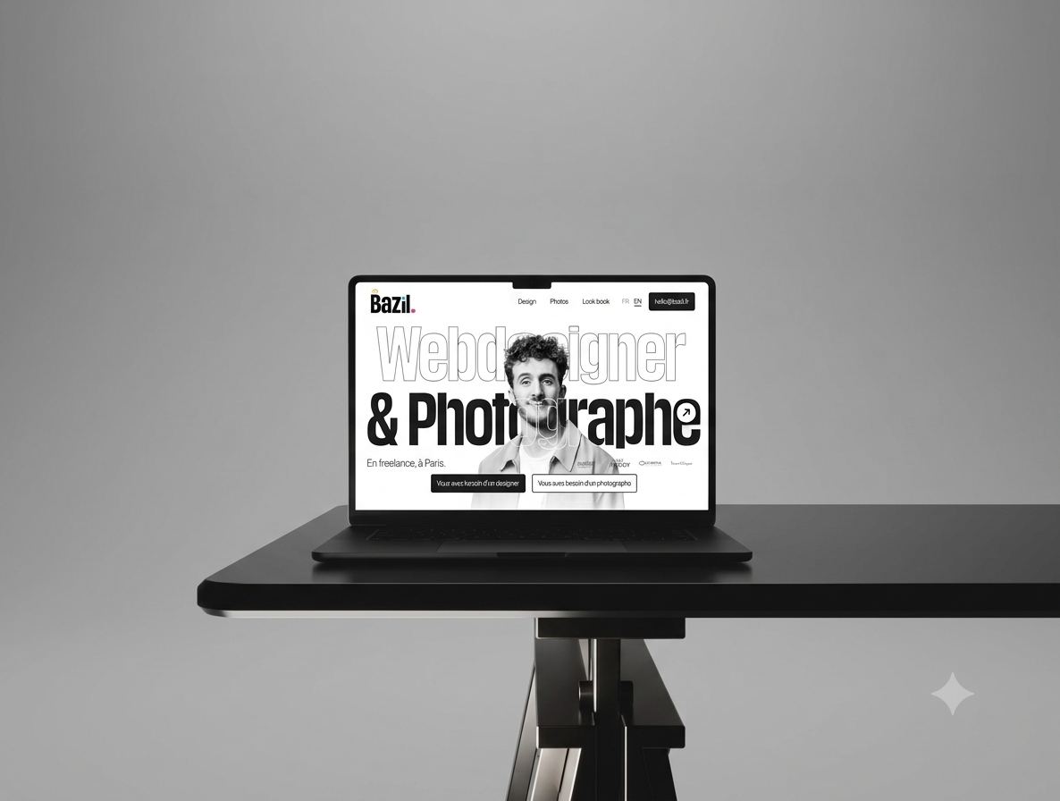 Bazil portfolio website mockup shown on a laptop, monochrome webdesigner and photographer landing page